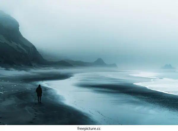 Man walking alone on a beach with large waves crashing on the shore
