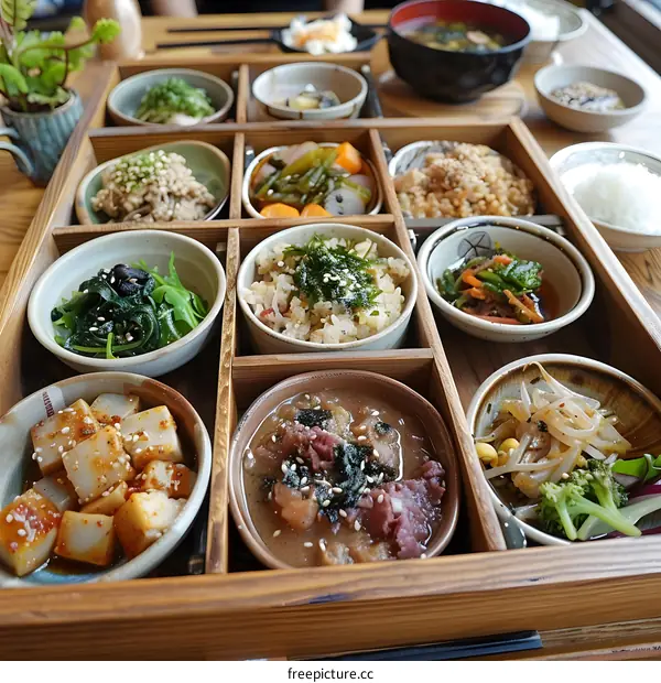 Japanese Food Bento Box with Various Dishes