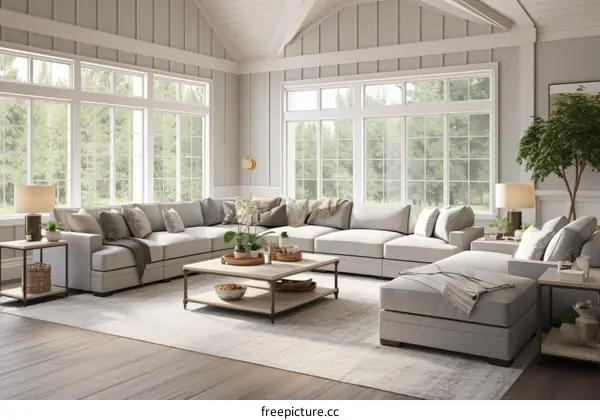 A Modern Living Room With Large Windows and a Sectional Sofa