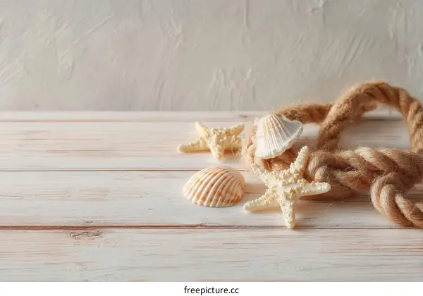 Seashells and Rope on White Wooden Background