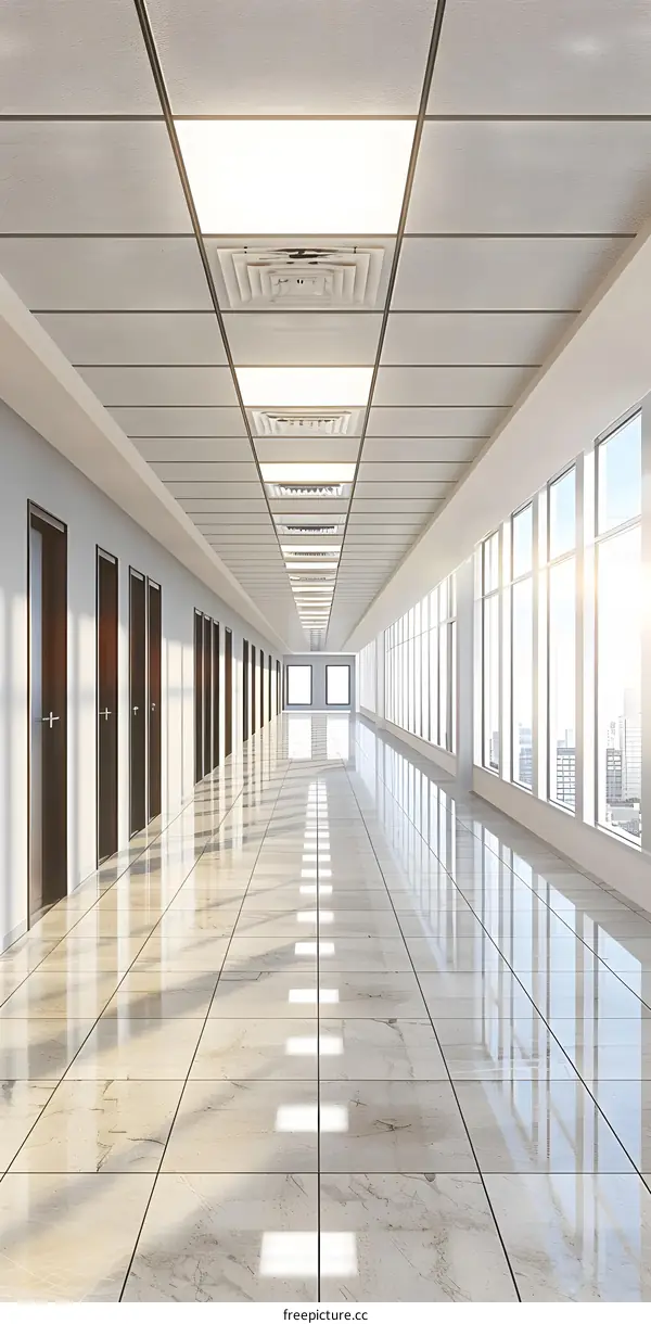 Modern Office Corridor with Glass Windows and Shiny Floor