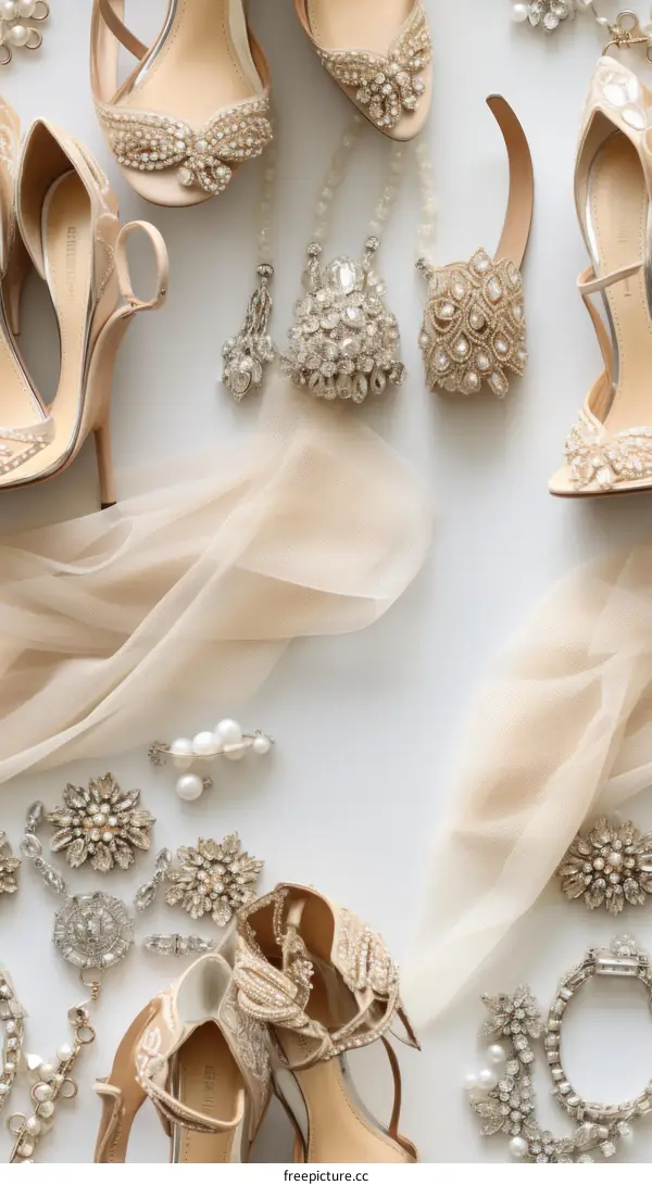 Flat Lay of Jeweled Wedding Shoes and Accessories