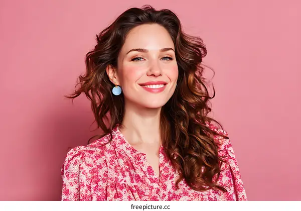 Smiling Woman with Curly Hair in Pink Floral Blouse