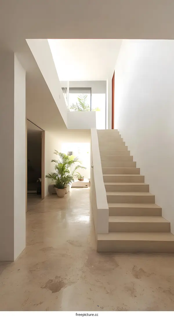 Modern Minimalist Interior Design with Staircase and Plants