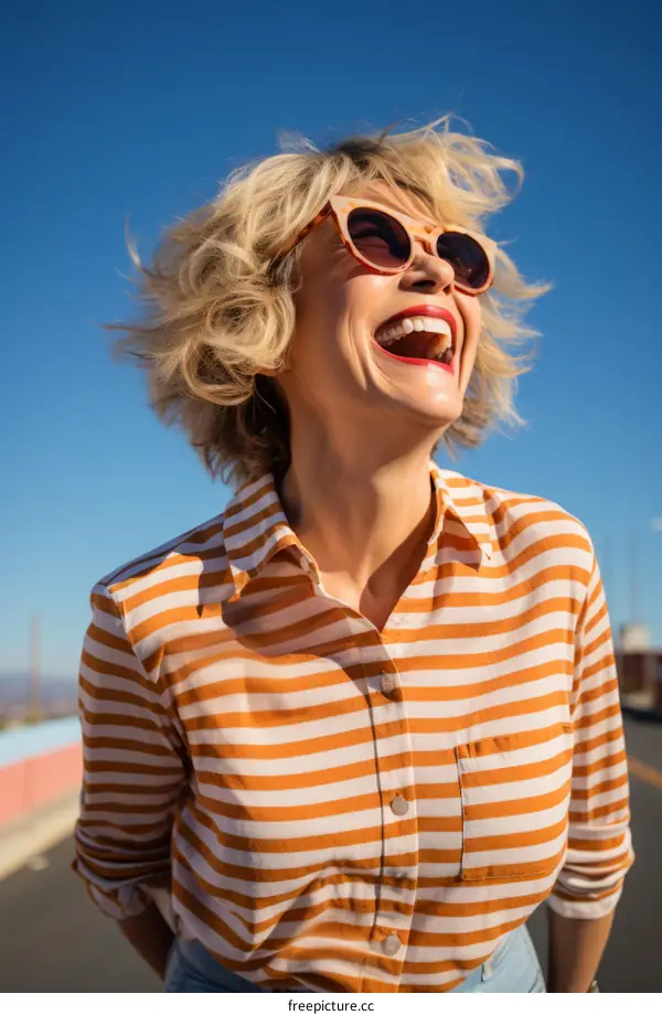 Laughing woman with blonde hair and sunglasses