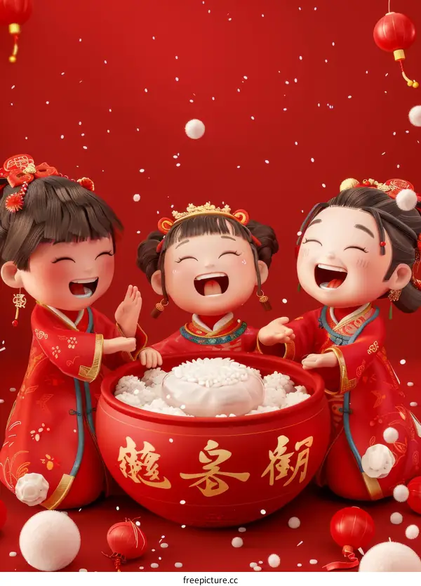 Three cute Chinese girls are making rice pudding together