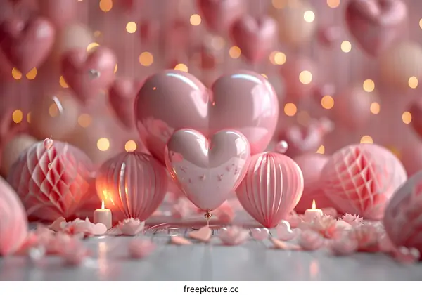 Pink heart-shaped balloons and fairy lights