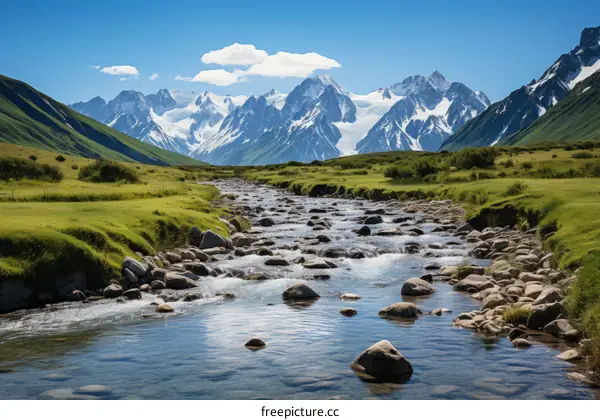 mountain river valley landscape with snow capped mountain peaks in the distance