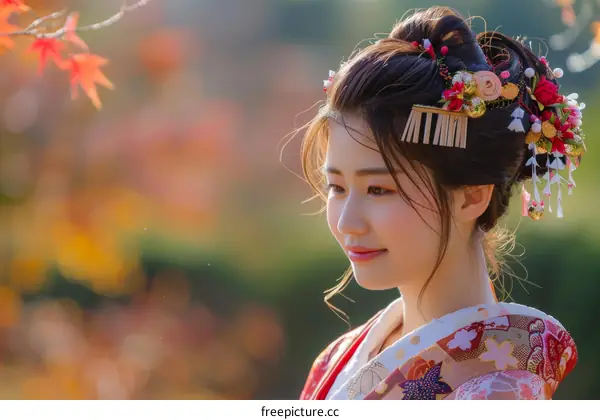 Portrait of a beautiful Japanese woman in traditional kimono with red maple leaves in the background