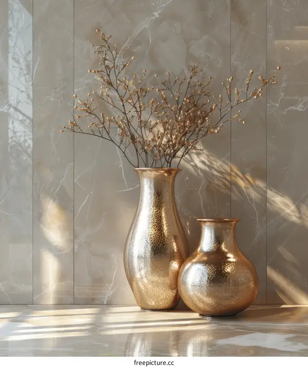 Two Gold Vases with Dried Plants on Beige Marble