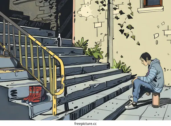 Lonely Man Sitting on Steps in a City