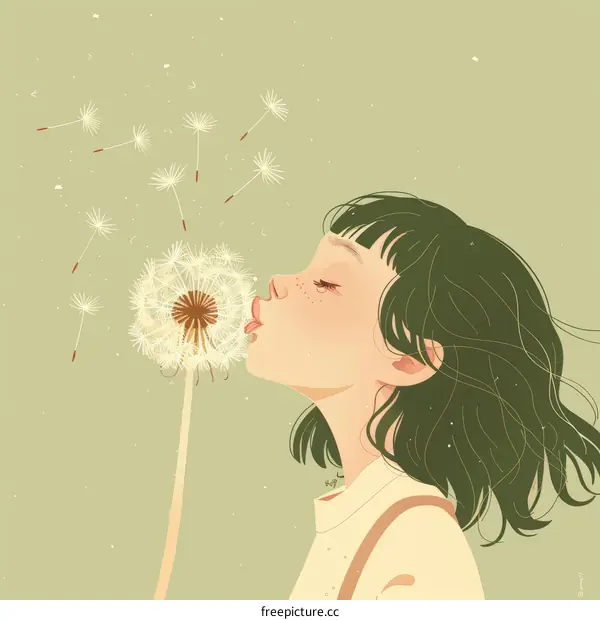 Cute Girl Blowing Dandelion Illustration