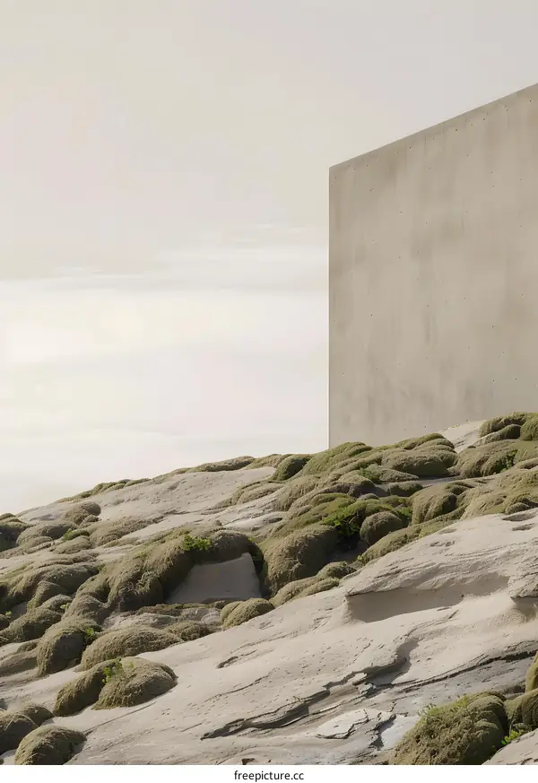 Concrete Wall with Moss on Rocky Terrain