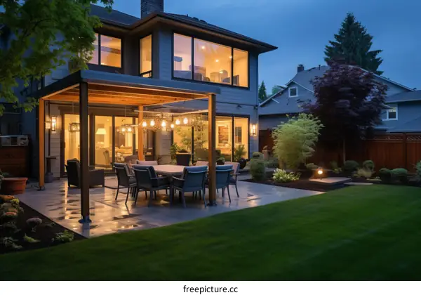 Modern house with a beautiful backyard and a patio