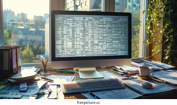 A messy desk with a computer, keyboard, mouse, and papers