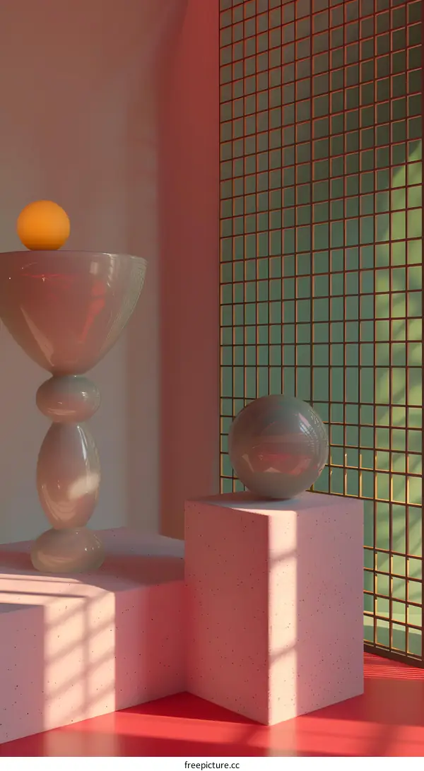 Abstract Minimalist  Geometric Shapes with a  Orange Sphere on a  White Vase