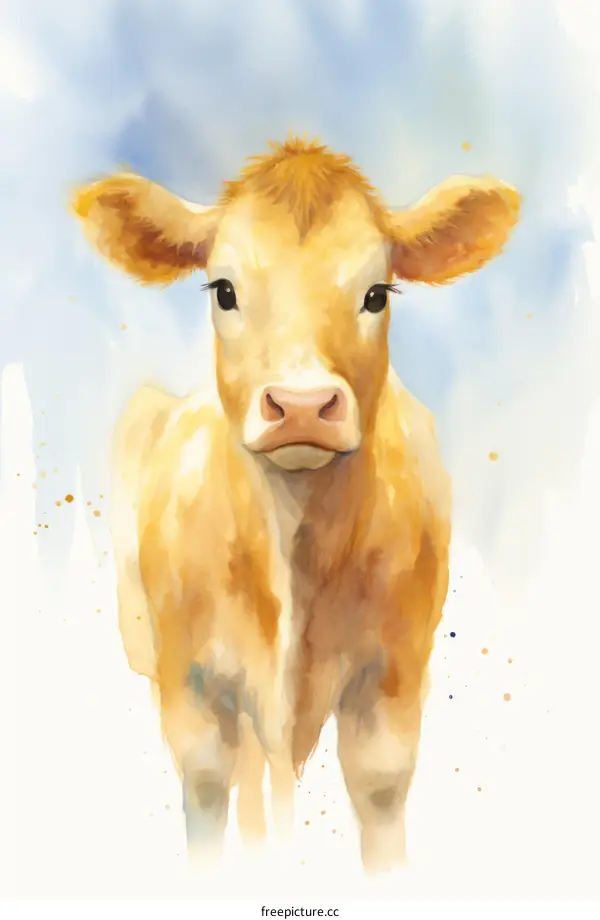 Watercolor Painting of a Cow in a Field