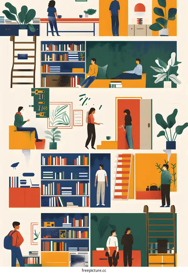 Colorful Illustration of a Busy Office with People and Books