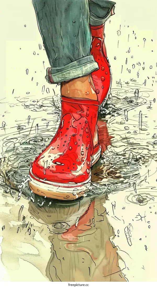 Person in red boots walking through a puddle