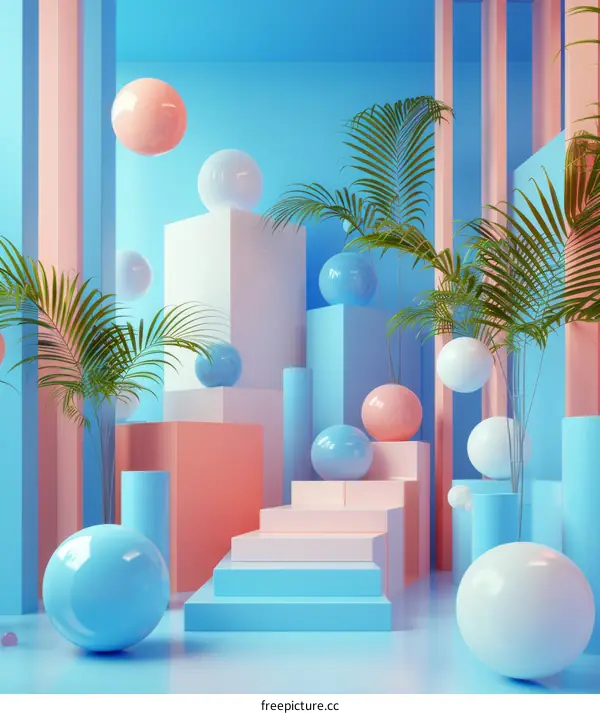 Pastel Geometric Display Scene with Floating Balls and Palms