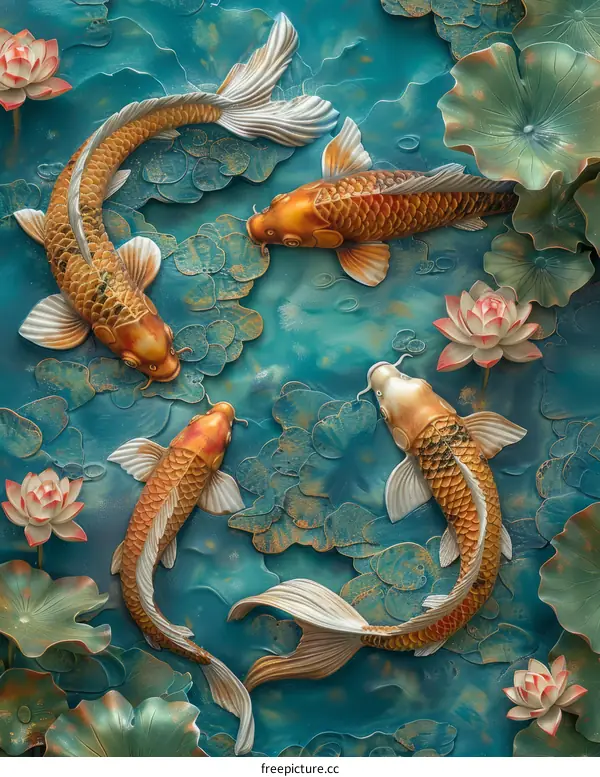 Koi Fish Swimming in a Lotus Pond