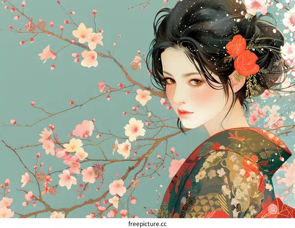 An illustration of a beautiful Japanese woman in a kimono with cherry blossoms