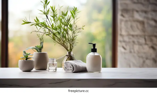 A collection of plants and a bottle of soap on a marble table