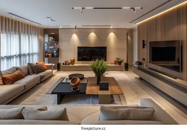 Modern Living Room Interior Design with Large Windows and Comfortable Seating