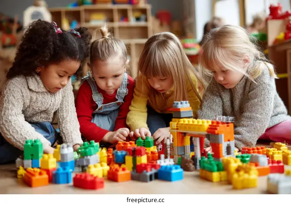 Playful Children Building with Colorful Blocks