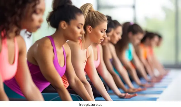 A group of diverse women practicing yoga in a class