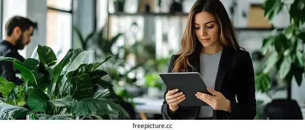 Young Woman Using Tablet in Modern Office