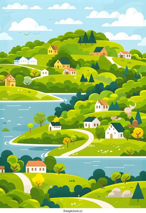 Cartoon Illustration of a Green Village with Houses and a Winding Road