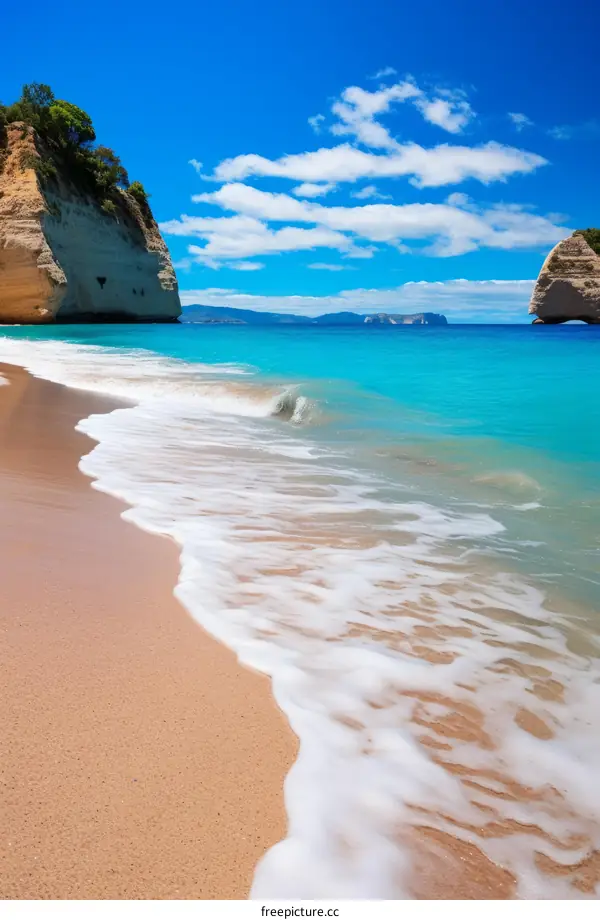 Picturesque Beach with Pristine White Sands and Tranquil Turquoise Waters Amidst Lush Greenery