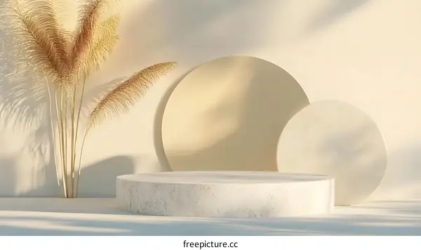 Minimalist Product Display with White Platform and Palm Leaves