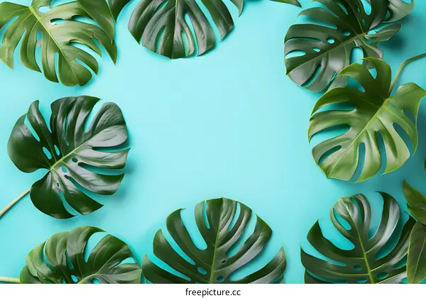 Tropical Leaves Frame On Blue Background