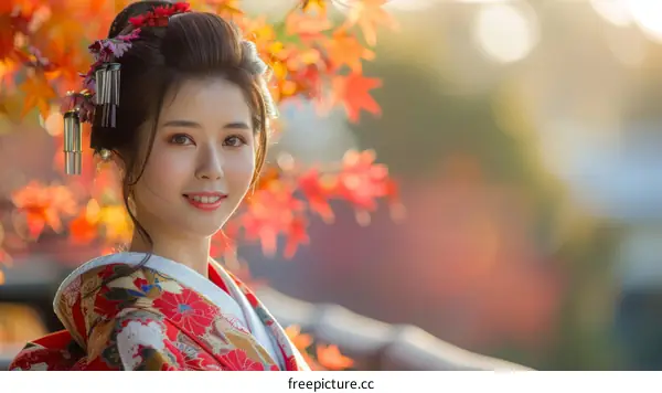 Portrait of a beautiful Japanese woman in traditional kimono