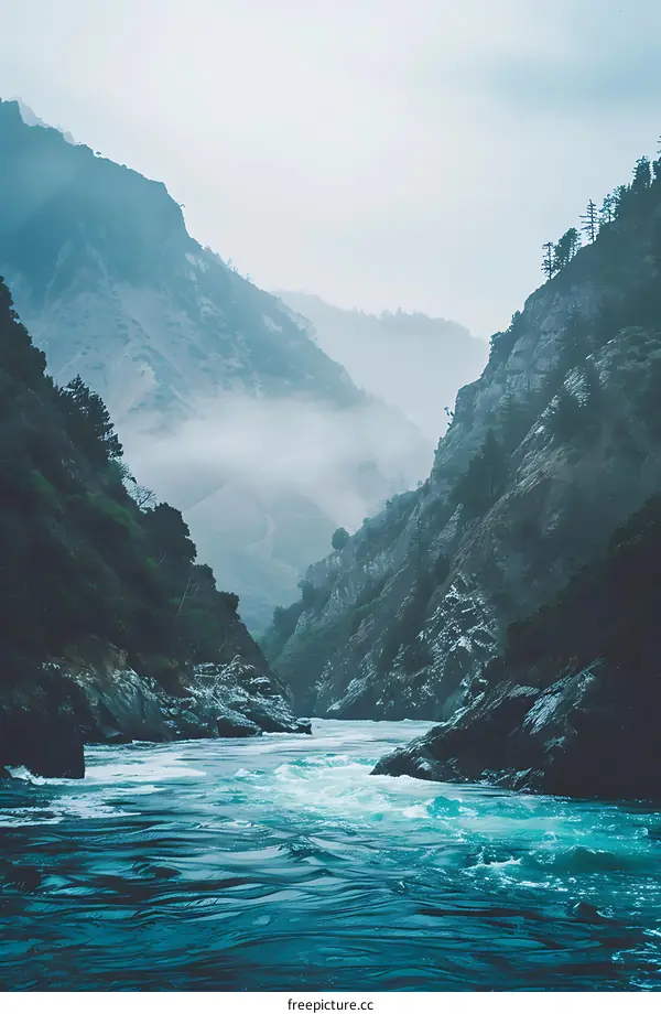 Mountain River Foggy Landscape