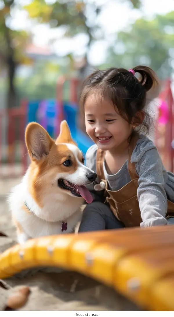 Asian toddler girl playing with a corgi dog in the playground