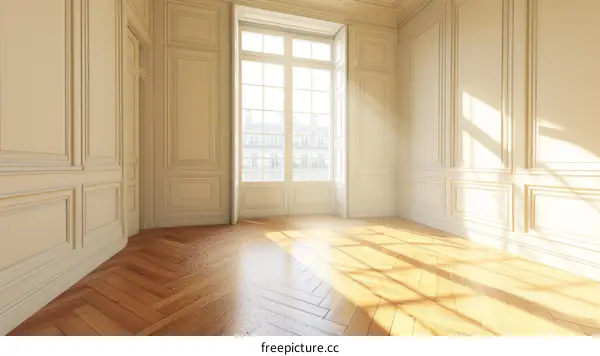 Bright empty room with wooden floor and large windows