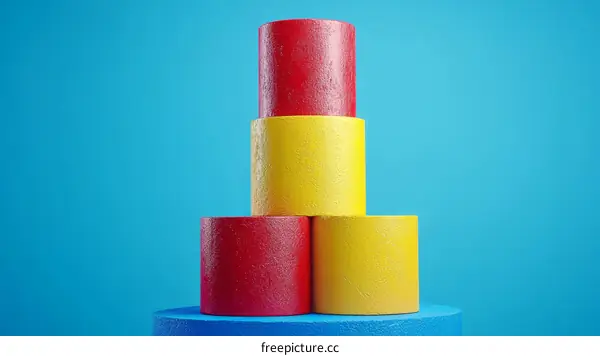 Colorful Cylindrical Stacked Objects on a Blue Background