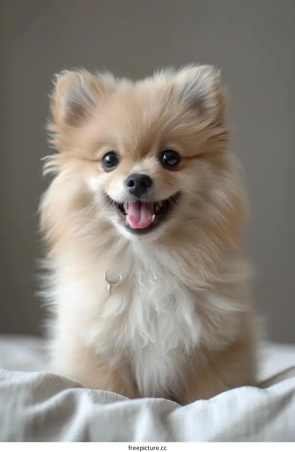 A happy-looking Pomeranian with fluffy white fur