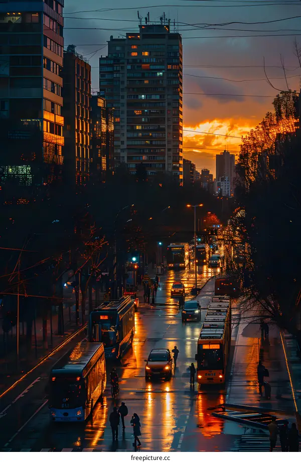City street with buses and people crossing the road at sunset