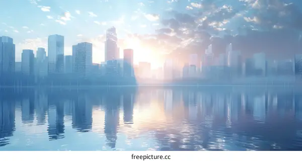 Cityscape with Sunset over River