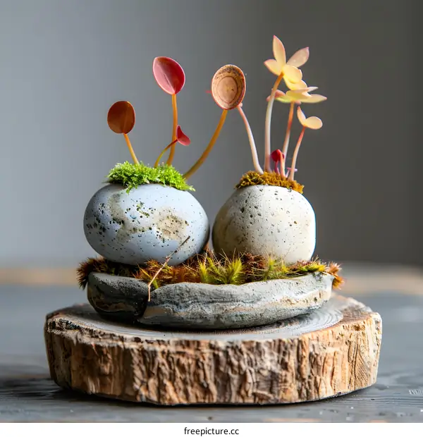 Miniature Garden with Moss and Rocks on a Wooden Base