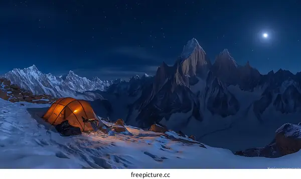Mountain Camping Under a Full Moon at Night