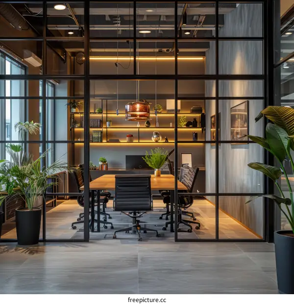 Modern Conference Room with Glass Walls and Chic Furniture