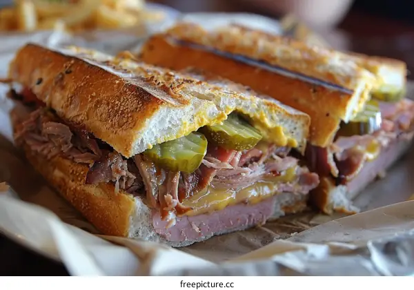 A delicious Cuban sandwich with ham, pork, cheese and pickles