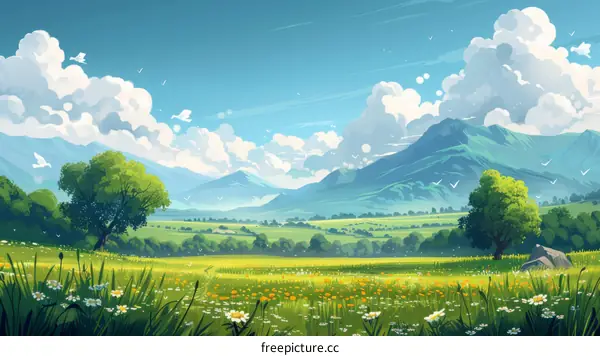 Green rolling hills with mountains in the distance