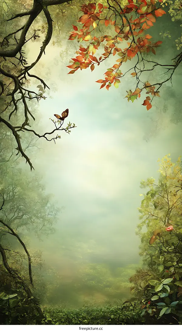 Autumn Forest Illustration with Butterflies