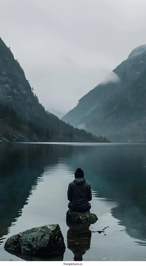 Man Sitting on Rock in a Lake Surrounded by Mountains